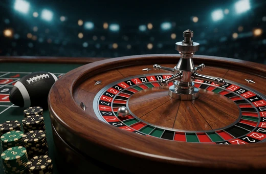 Roulettekessel mit Chips und Fu&szlig;ball - Tischspiele in der Zoccer Casino Lobby