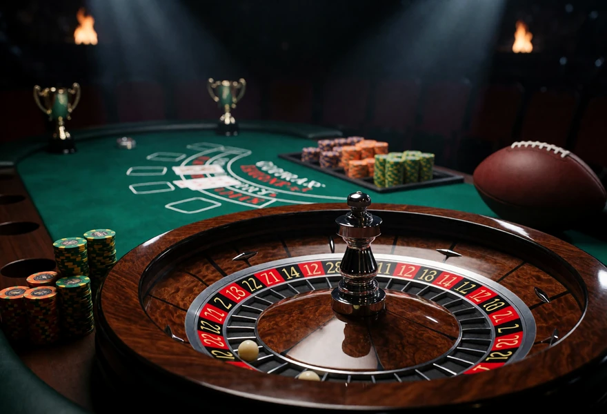 Roulettekessel, Blackjack-Layout und Chipstapel in dunkler Arena-Optik - Tischspiele bei Zoccer Casino
