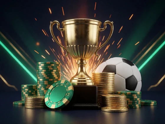 Goldener Pokal mit Casino-Chips und Fu&szlig;ball - Willkommenspaket von Zoccer Casino
