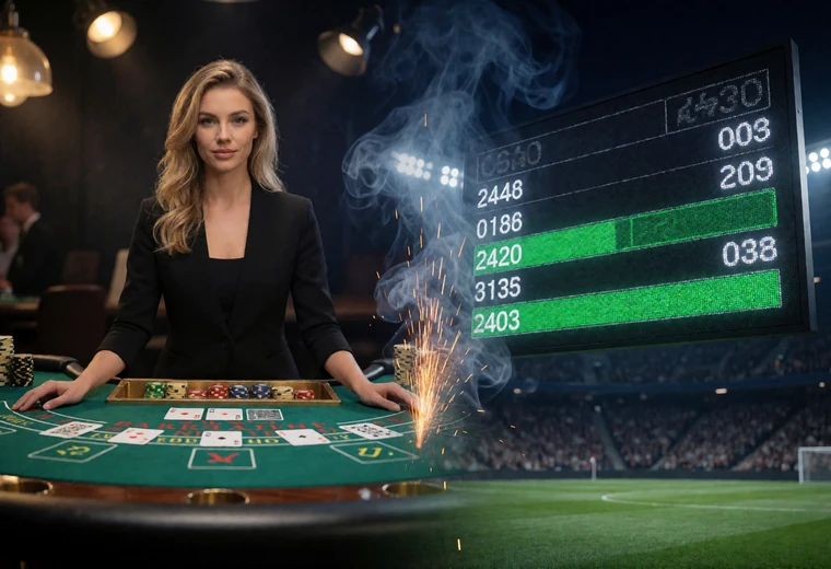 Live-Dealer-Tisch neben einer Stadion-Anzeigetafel mit Quoten - Live Casino und Sportwetten bei Zoccer