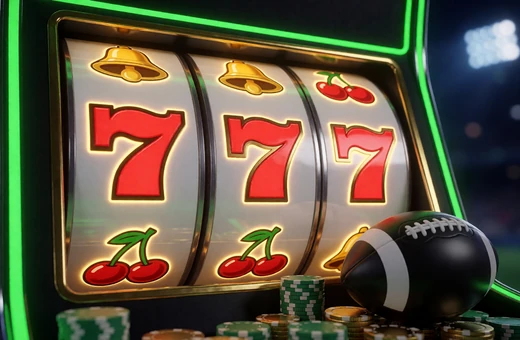 Slot-Walzen mit Sieben-Symbolen und Fu&szlig;ball vor dunklem Stadionhintergrund im Zoccer Casino