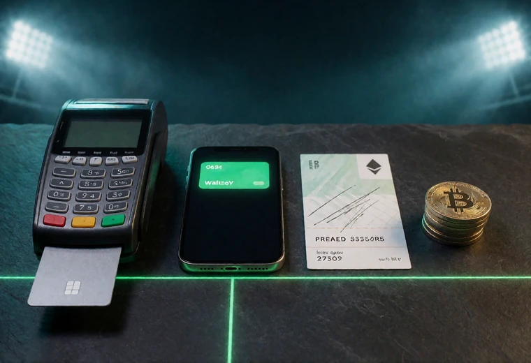 Kartenterminal, E-Wallet auf dem Smartphone, Prepaid-Gutschein und Krypto-M&uuml;nzen nebeneinander - Zahlungsmethoden im Online Casino Echtgeld
