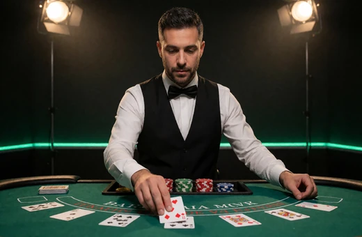 Live-Dealer am Blackjack-Tisch im Streaming-Studio des Live Casino von Zoccer