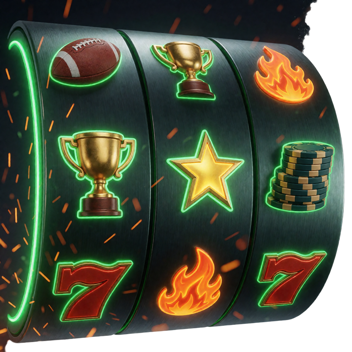 Leuchtendes Slot-Walzenraster mit Fu&szlig;ball-, Troph&auml;en- und Chip-Symbolen unter Flutlicht - Online Slots bei Zoccer Casino