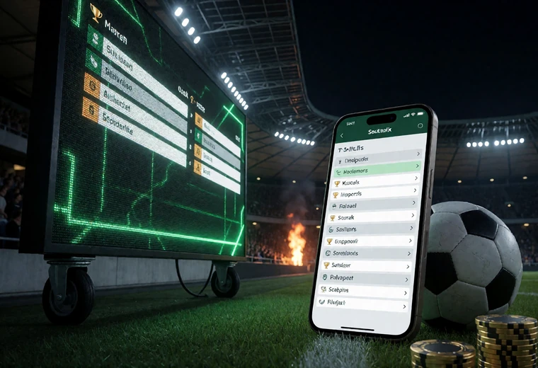 Stadion-Anzeigetafel mit Quotenraster und mobilem Wettschein f&uuml;r Bundesliga-Tipps und Kombiwetten
